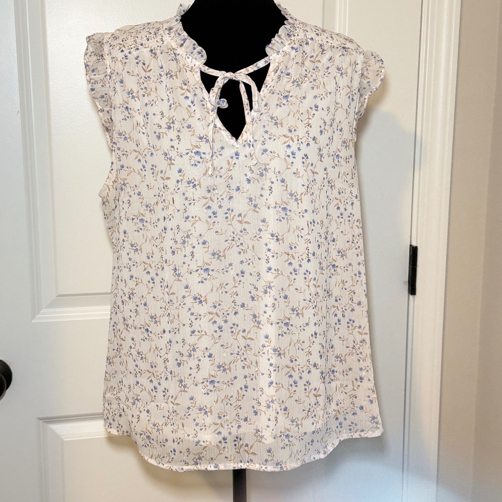 Tamara H Women Blue Floral Metallic Ruffle Cute Sleeveless Blouse Large Boho